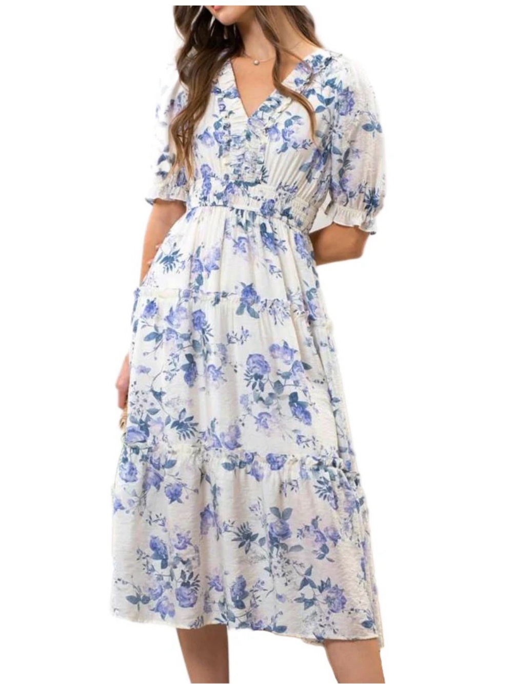 Puff Sleeve Floral Midi Dress